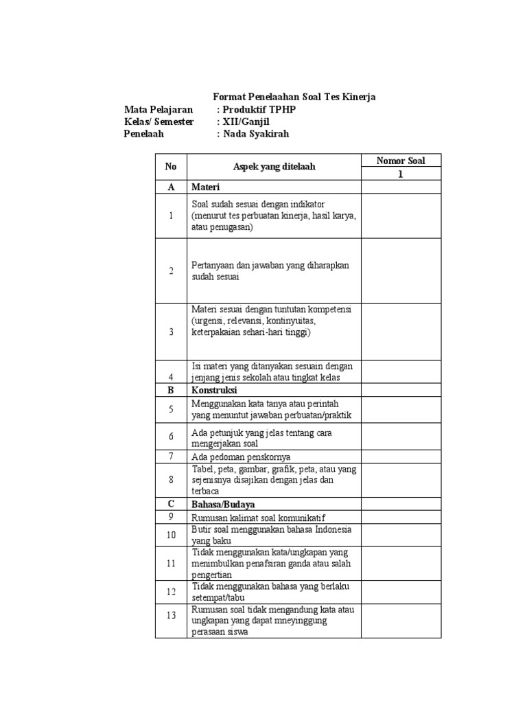 Format Penelaahan Soal Tes Kinerja Non Tes Angket