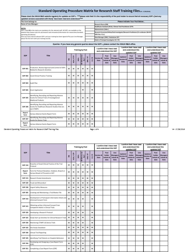 Standard Operating Procedure Matrix For Research Staff Training Files ...