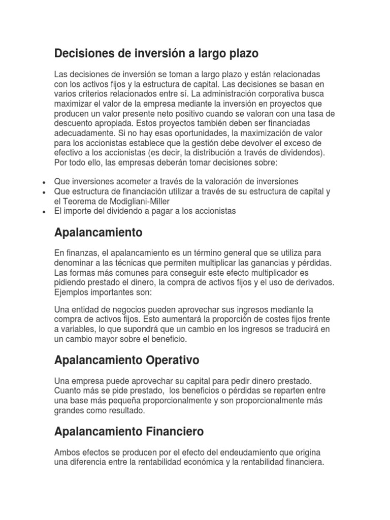 Decisiones de Inversión a Largo Plazo | PDF | Apalancamiento (Finanzas ...