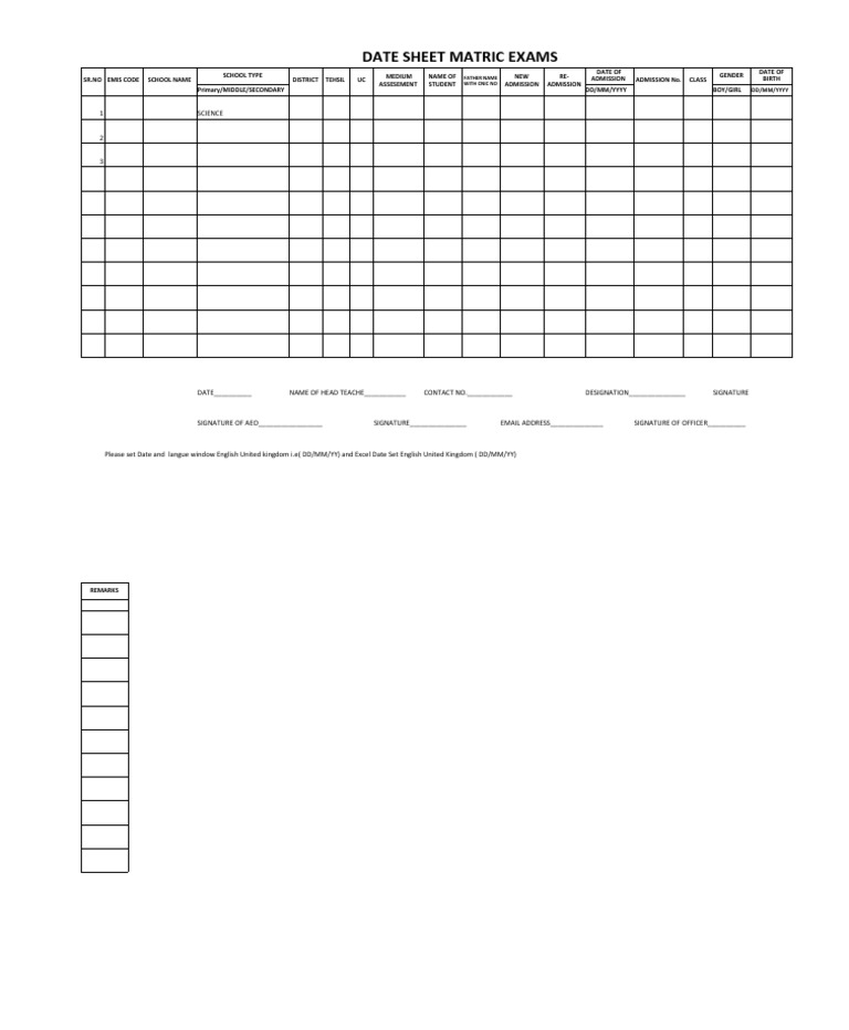 Matric Exam Date Sheet 2024 | PDF