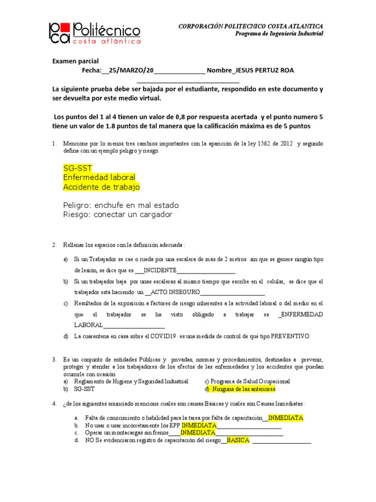 Respuesta Examen Seguridad Y Salud En El Trabajo Pdf Seguridad Y