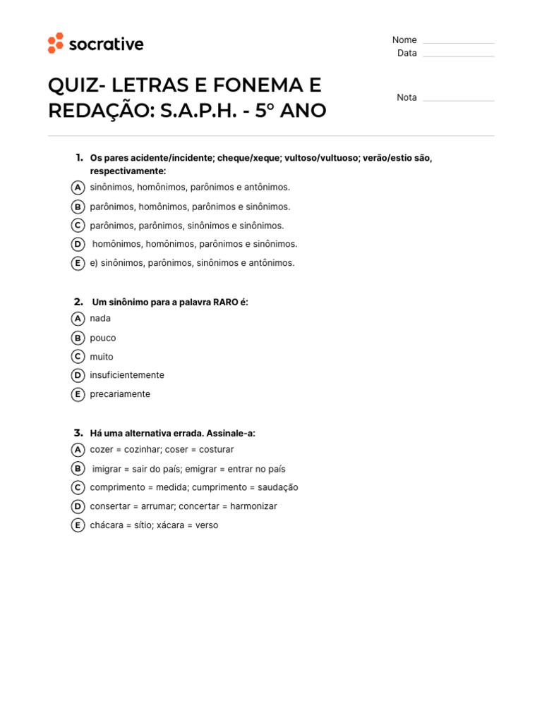 Quiz - QUIZ - LETRAS E FONEMA E REDAÇÃO S.A.P.H. - 5° ANO PDF, PDF, Vogal