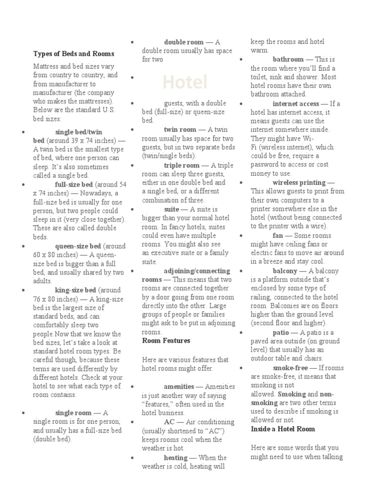 Hotel Types of Beds and Rooms PDF Bed Shower