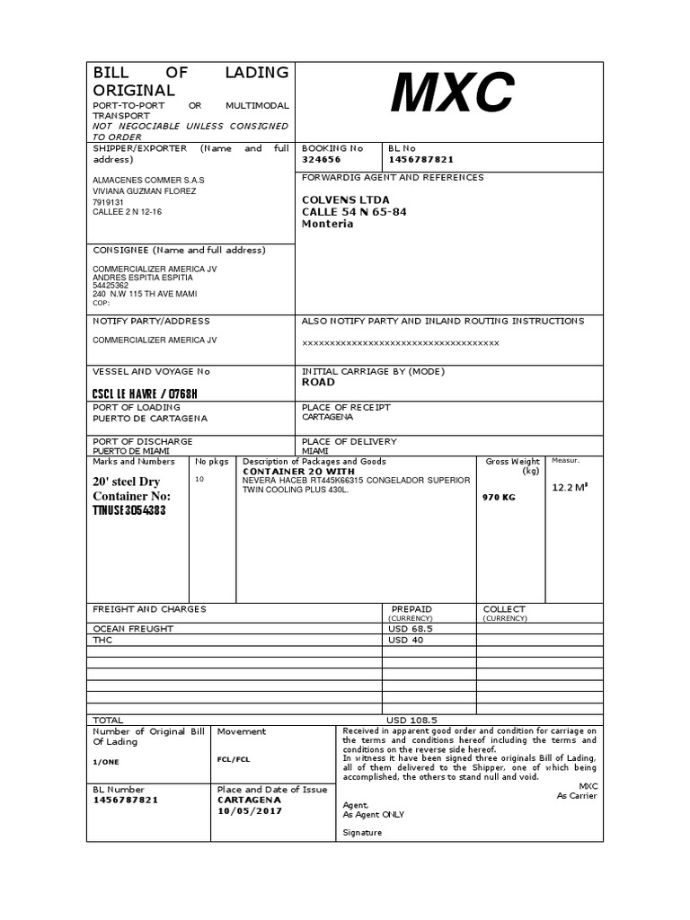 Shipping Document for Logistics | PDF | Cargo | Bill Of Lading