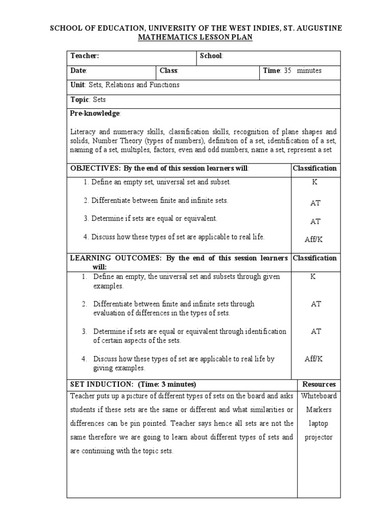 Class 11 Lesson Plan on Sets | PDF | Set (Mathematics) | Empty Set