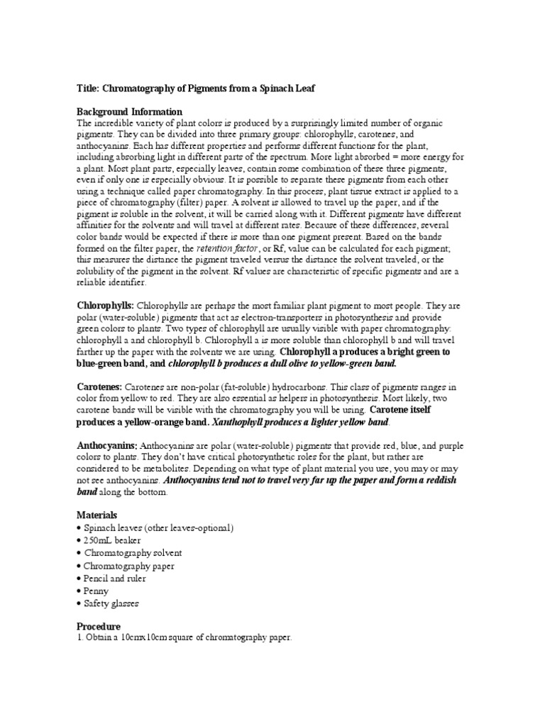 Chromotography Lab 2018 PDF Chlorophyll Chromatography