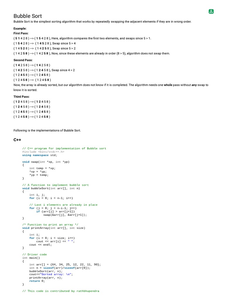 Bubble Sort: Example: First Pass | PDF | Algorithms And Data Structures ...