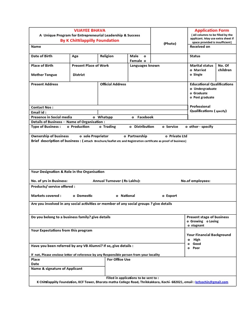 Vijayee Bhava by K Chittilappilly Foundation Application Form PDF