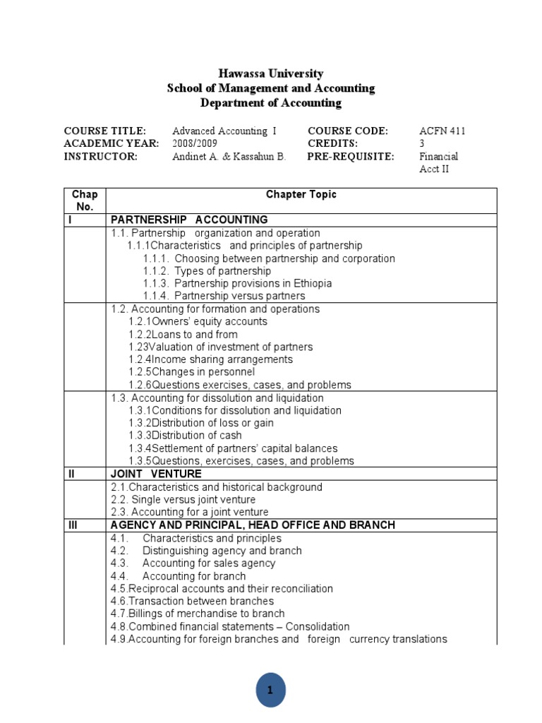 Advanced Accounting I Syllabus | PDF | Partnership | Joint Venture