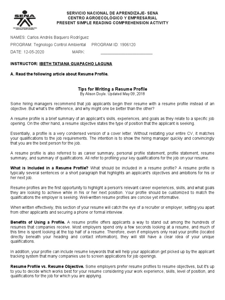 Present Simple Reading Activity Resume Employment