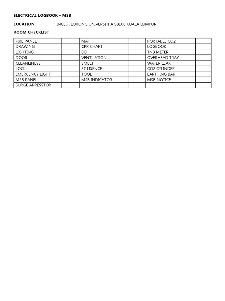 MSB Electrical Logbook Checklist | PDF