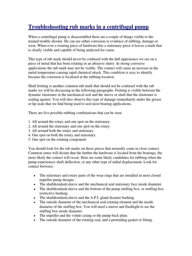 Troubleshooting Rub Marks in A Centrifugal Pump | PDF | Pump | Bearing ...