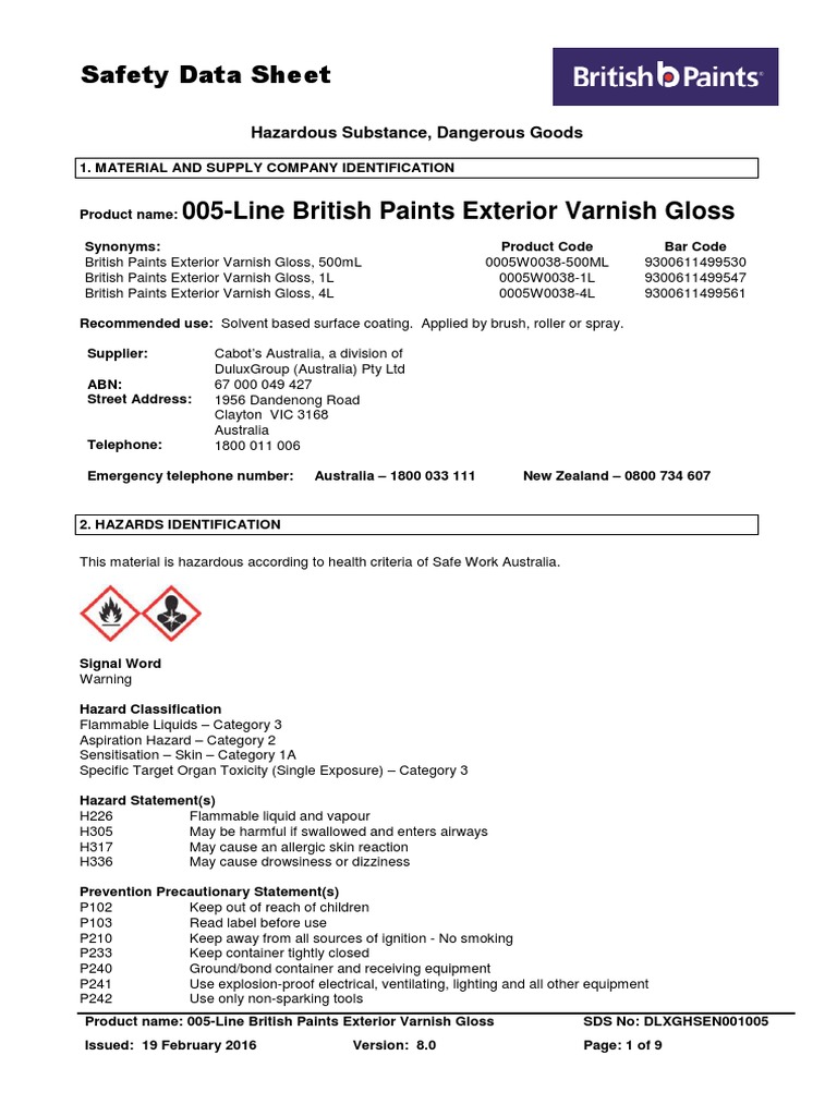 SDS for British Paints Exterior Varnish Gloss PDF Dangerous Goods