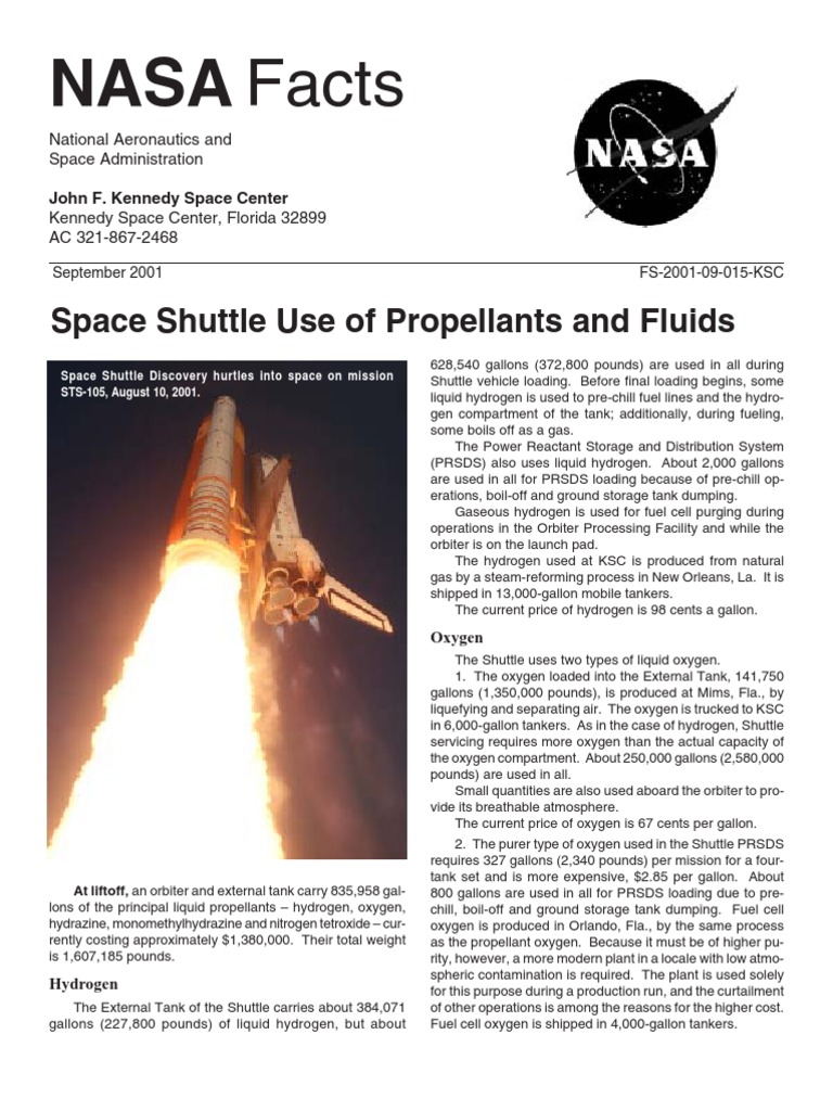 NASA Facts Space Shuttle Use of Propellants and Fluids | Space Shuttle