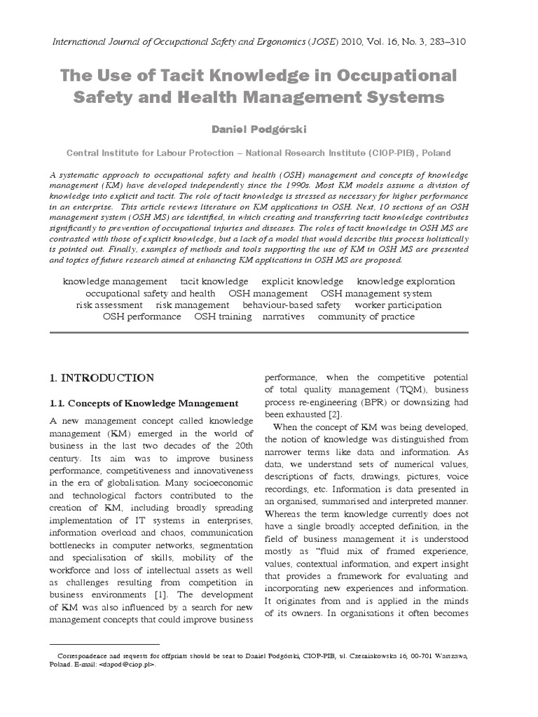 The Use of Tacit Knowledge in Occupational Safety and Health Management ...