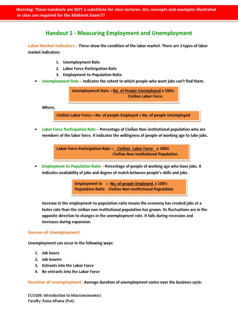 Handout 1 Measuring Employment and Unemployment PDF Full