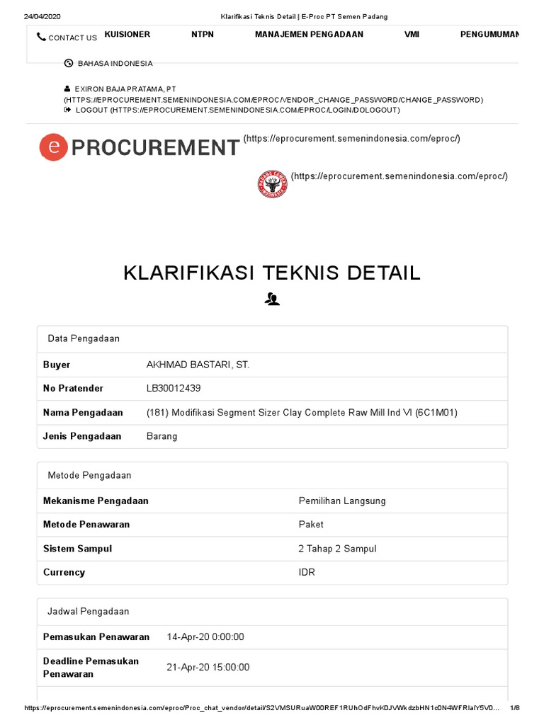Klarifikasi Teknis Detail - E-Proc PT Semen Padang | PDF | Teknologi ...
