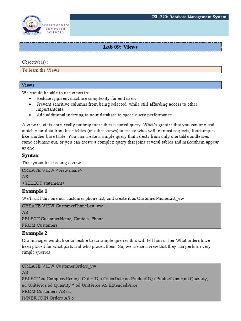 Creating and Managing SQL Views | PDF | Information Retrieval | Databases