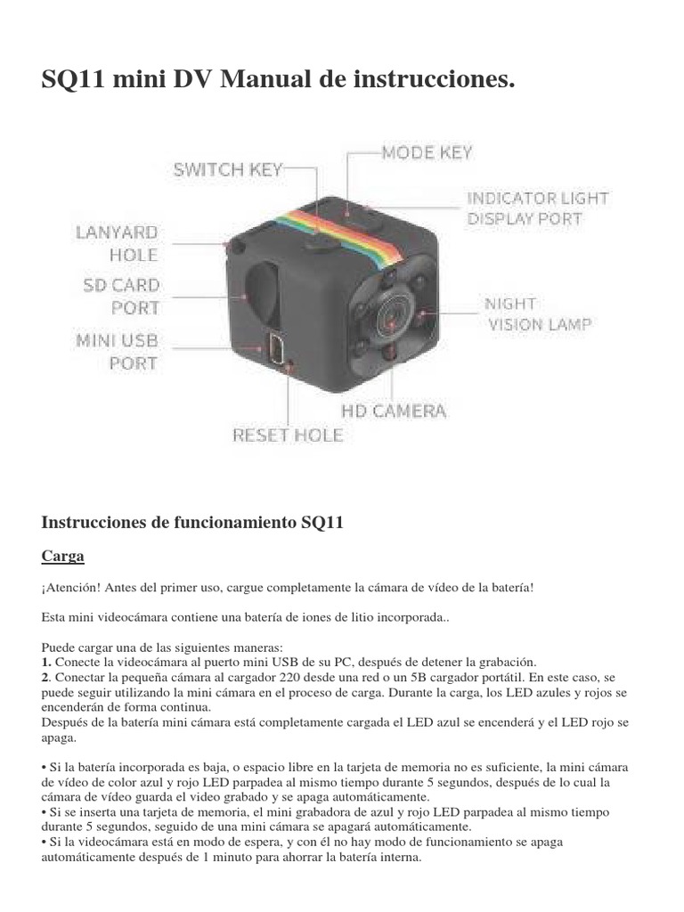SQ11 Mini DV Manual de Instrucciones | PDF | Diodo emisor de luz | Vídeo