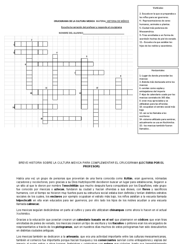 Crucigrama De La Cultura Mexica Materia Historia De Mexico Mesoamerica Cultura De Las Americas