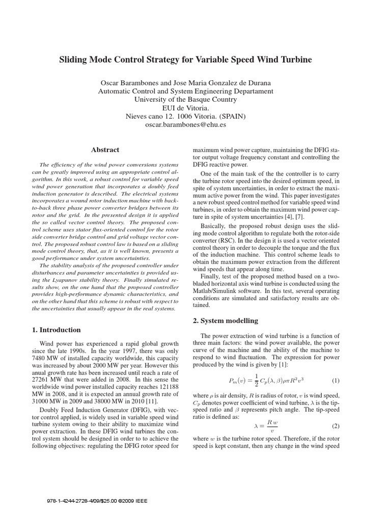 Sliding Mode Control Strategy For Variable Speed Wind Turbine | PDF ...