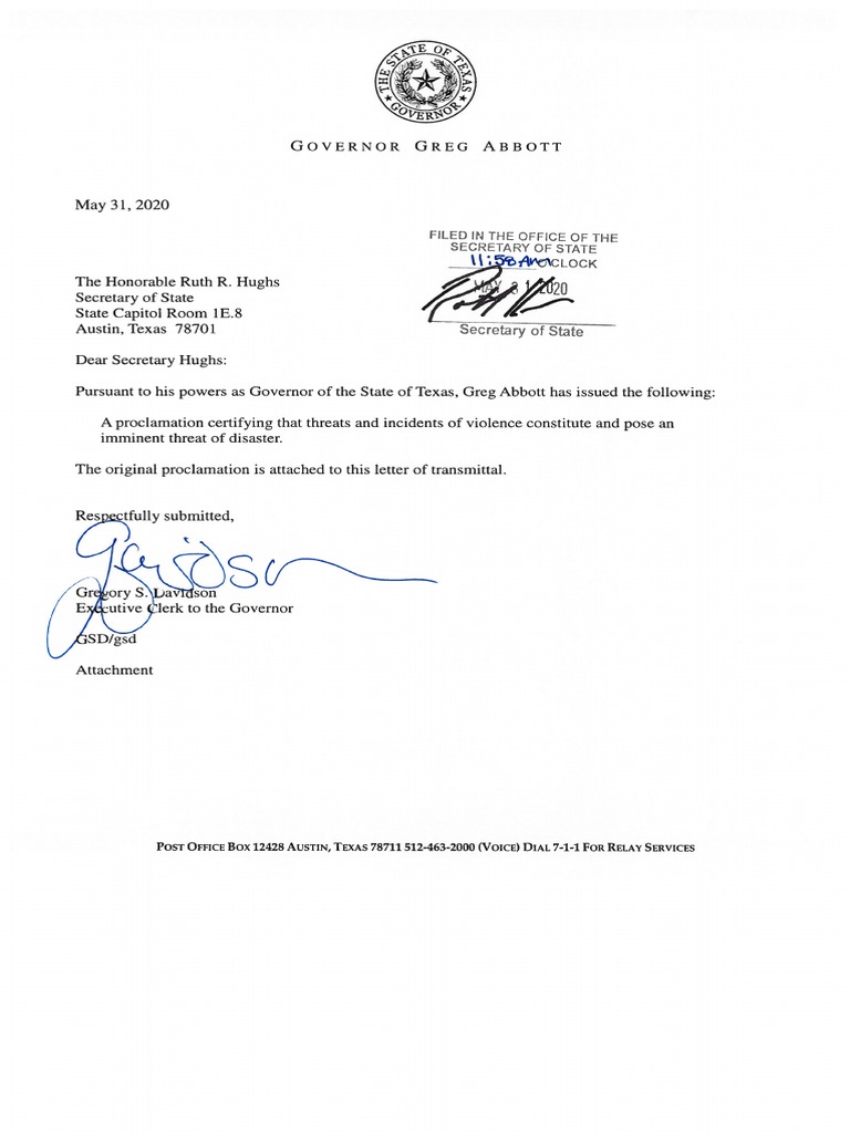 Texas Governor Greg Abbott's State of Disaster Declaration | PDF | Law ...