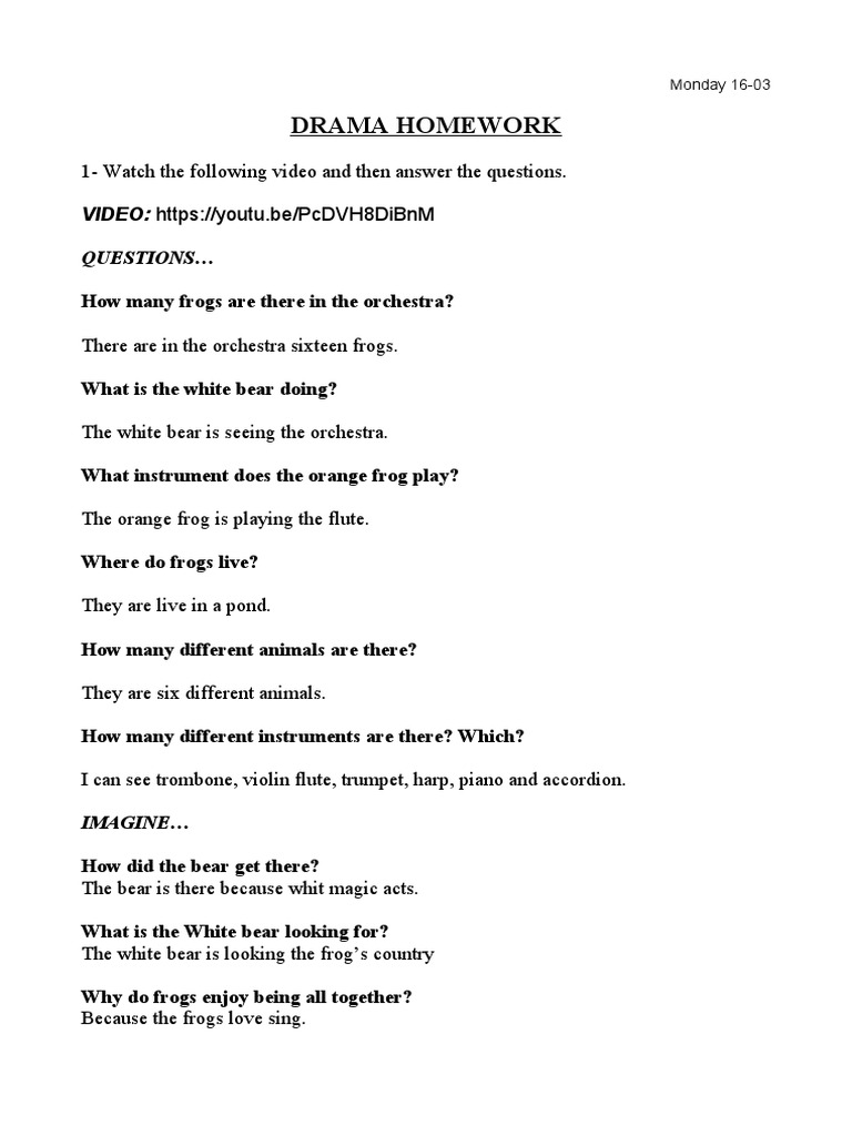 Drama Homework: Frog Orchestra Questions | PDF | Art