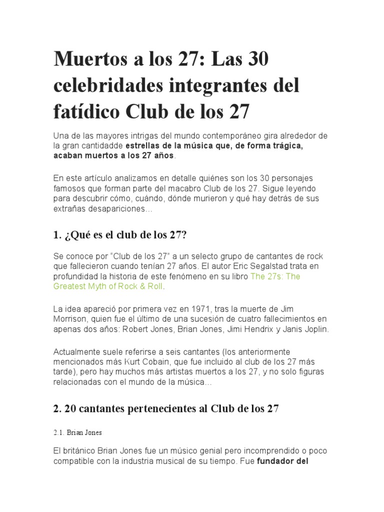 El Club de los 27: Mitos y Realidades | PDF | Kurt Cobain | Musica Jazz