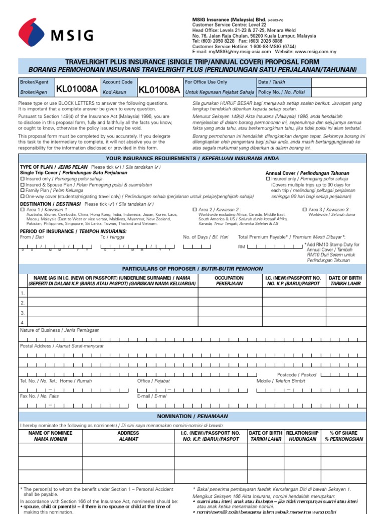 MSIG Malaysia Travelright Plus Insurance (Single Trip/Annual Cover ...