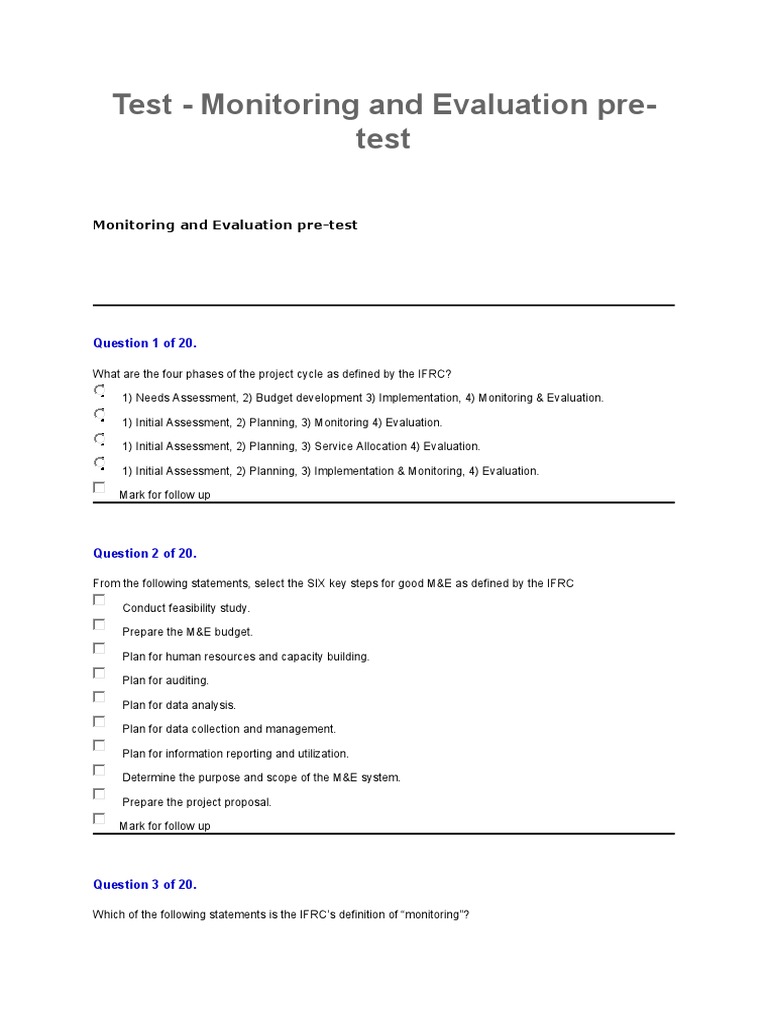 Monitoring and Evaluation Pre-Test | PDF | Monitoring And Evaluation ...