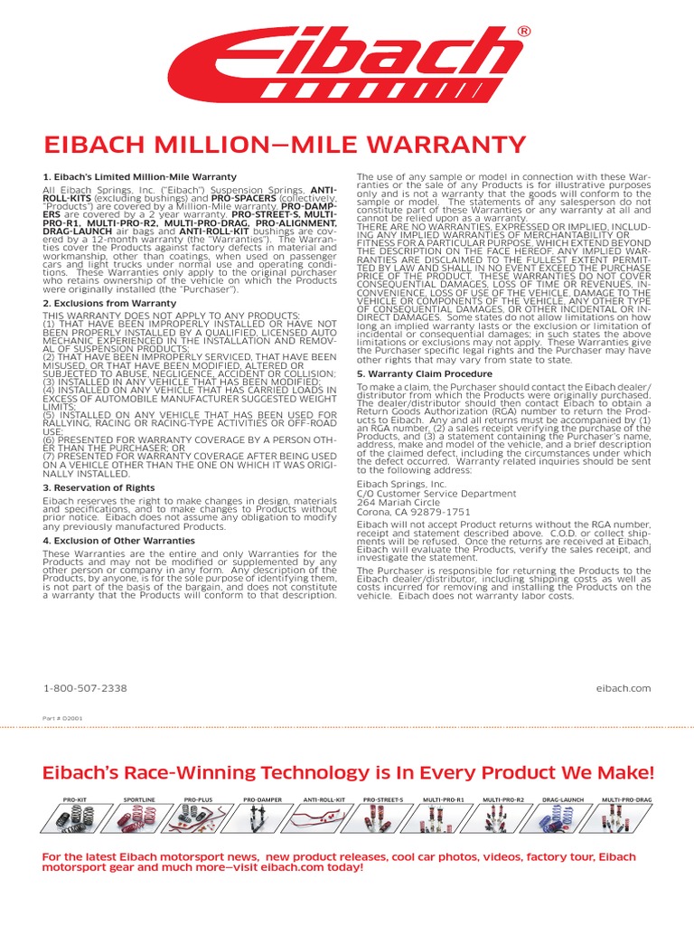 Eibach Million Mile Warranty Eibach's RaceWinning Technology Is in Every Product We Make