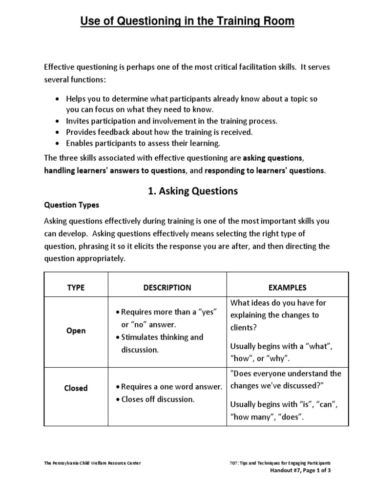 Training Room Questioning Skills | PDF | Question | Learning