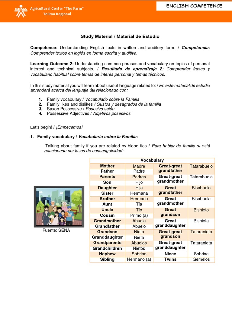 Family Vocabulary and Possessives Guide | PDF | Grandparent | Linguistics