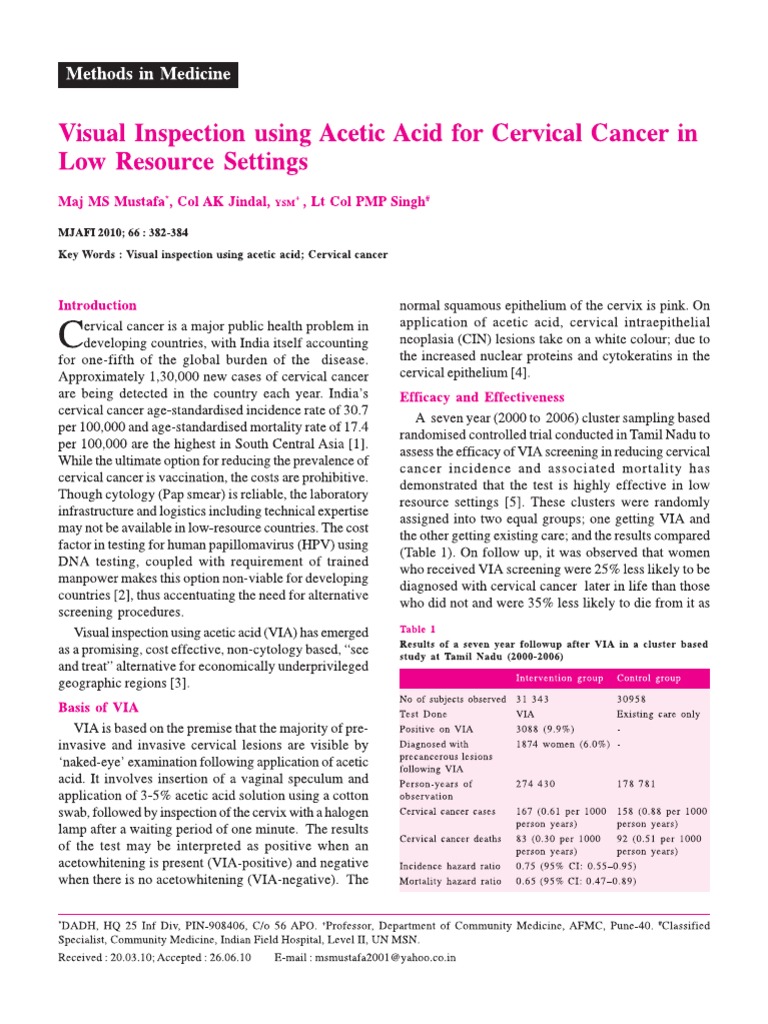 Visual Inspection Using Acetic Acid For Cervical Cancer in Low Resource