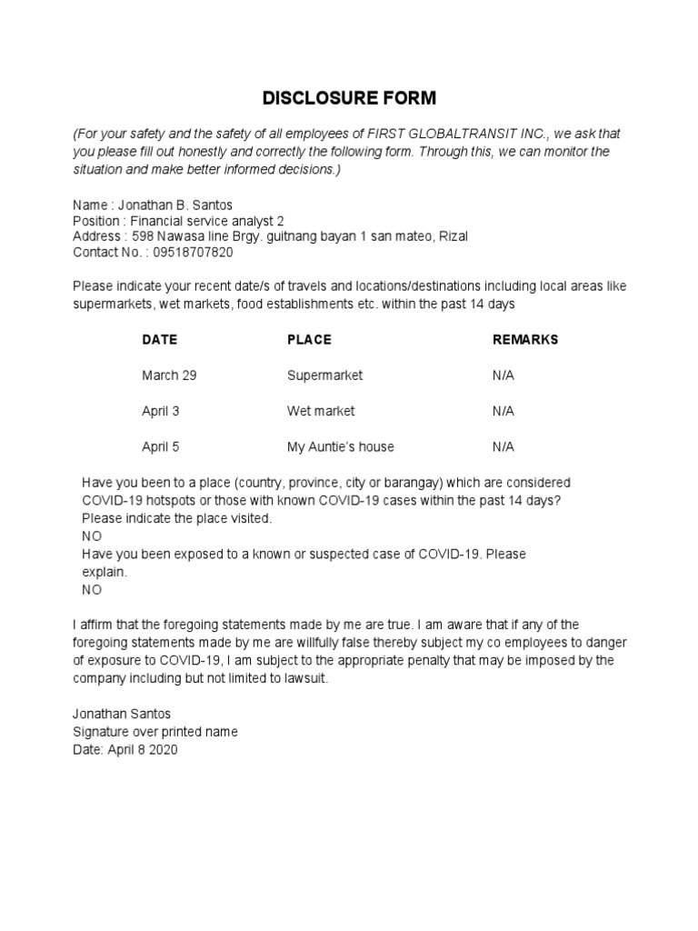 Disclosure Form: Date Place Remarks | PDF