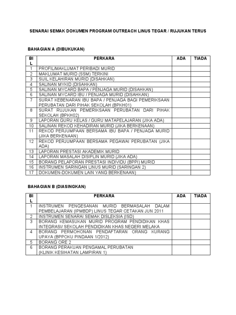 Senarai Semak Dokumen Program Outreach Linus Tegar | PDF