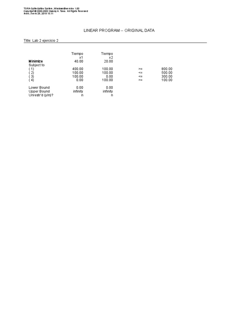 Linear Program - Original Data: TORA Optimization System, Windows ...