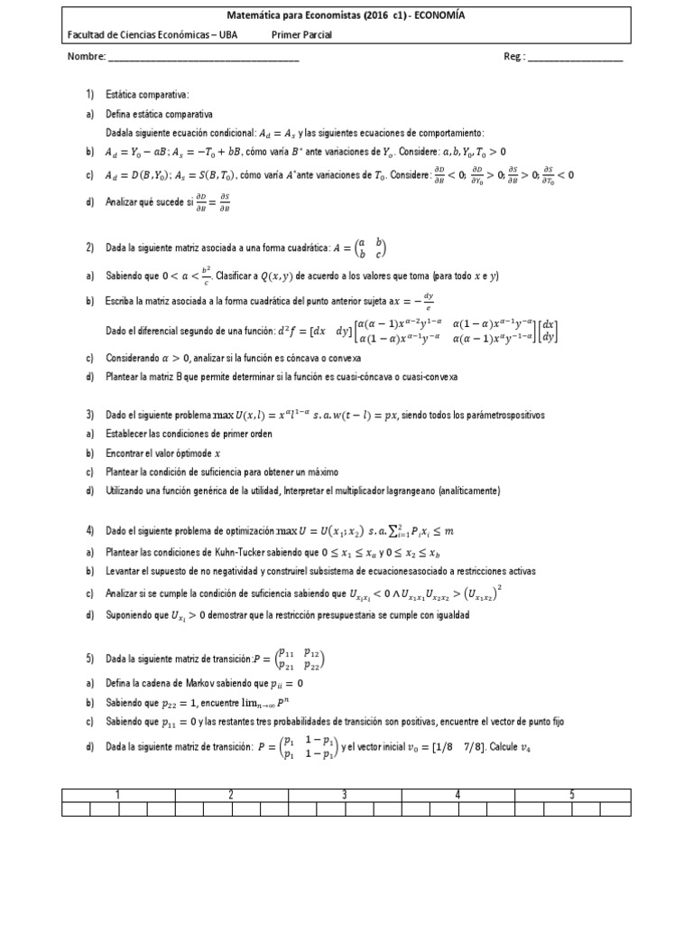 1° Parciales Anteriores Matematica para Economistas | PDF ...