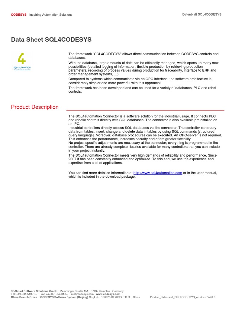 Data Sheet SQL4CODESYS: Product Description | PDF | Databases | Sql