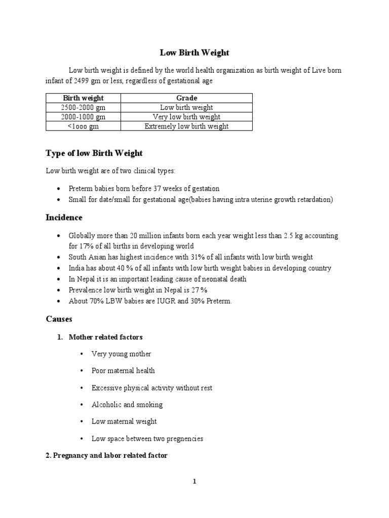 Low Birth Weight Note PDF Low Birth Weight Preterm Birth