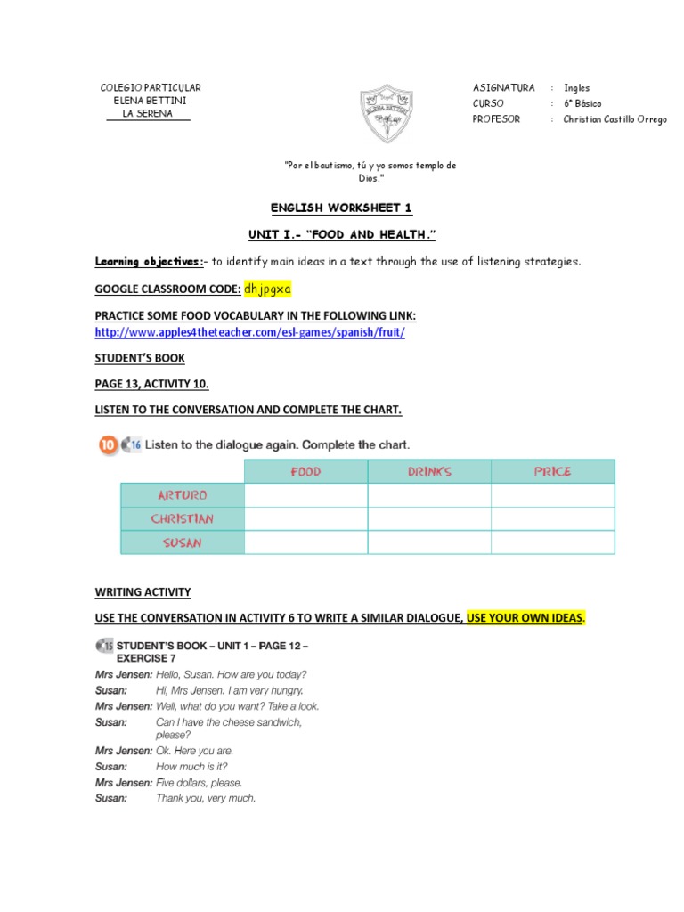 6th Grade English Worksheet: Food & Health | PDF | Language Arts ...