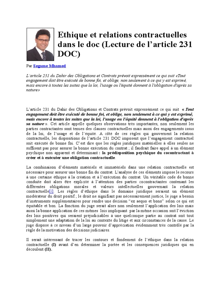 Ethique Et Relations Contractuelles Dans Le Doc (Lecture de L'article ...