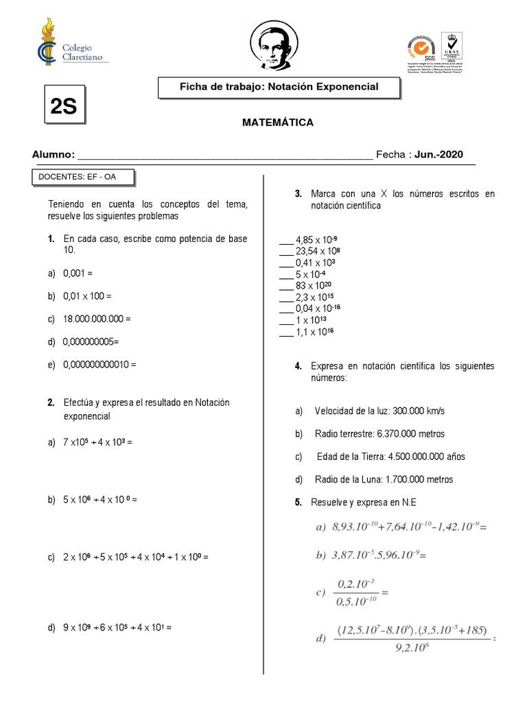 FICHA DE TRABAJO Notación Exponencial. | PDF