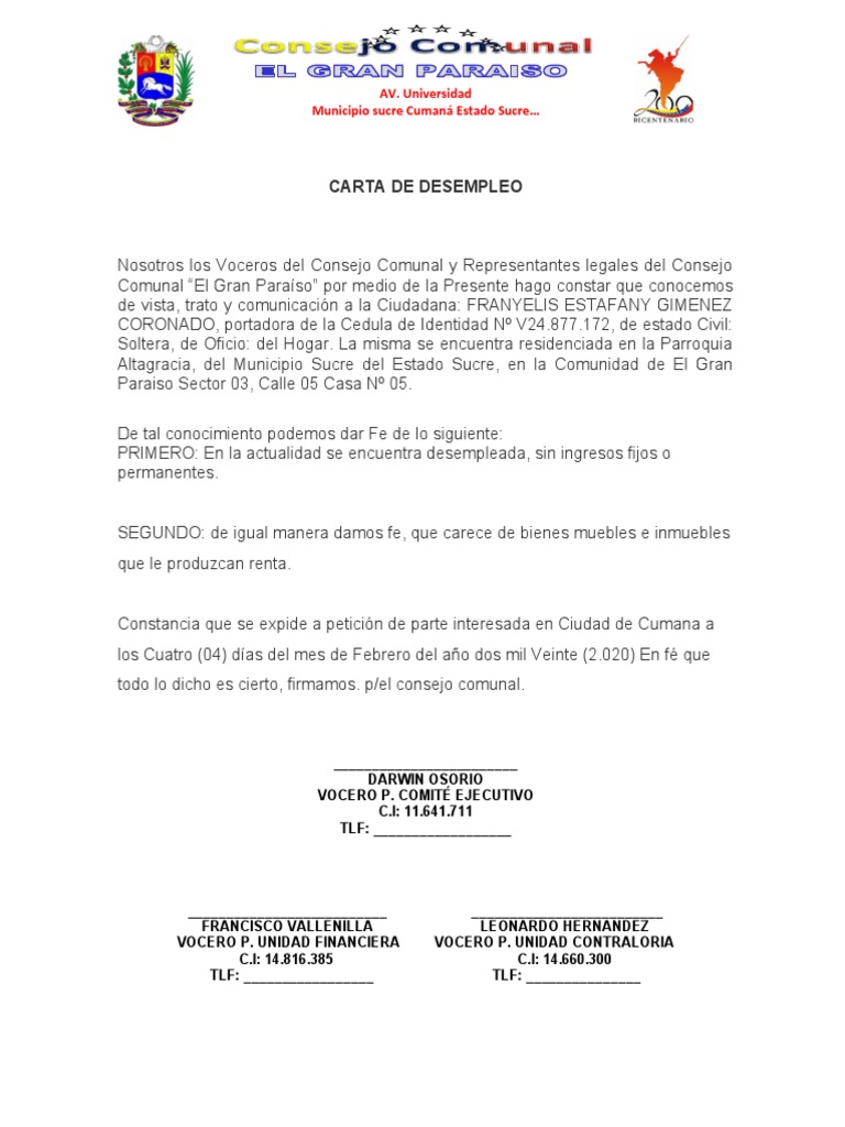 Carta de Desempleo PDF