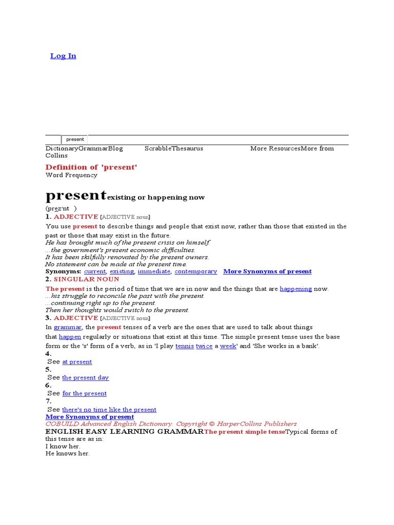Present Dictionary Thesaurus Translator Grammar PDF Verb Noun