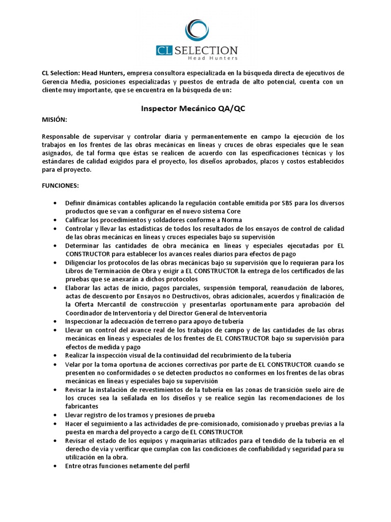 Inspector Mecánico QA/QC Requerido | PDF | Business | Science