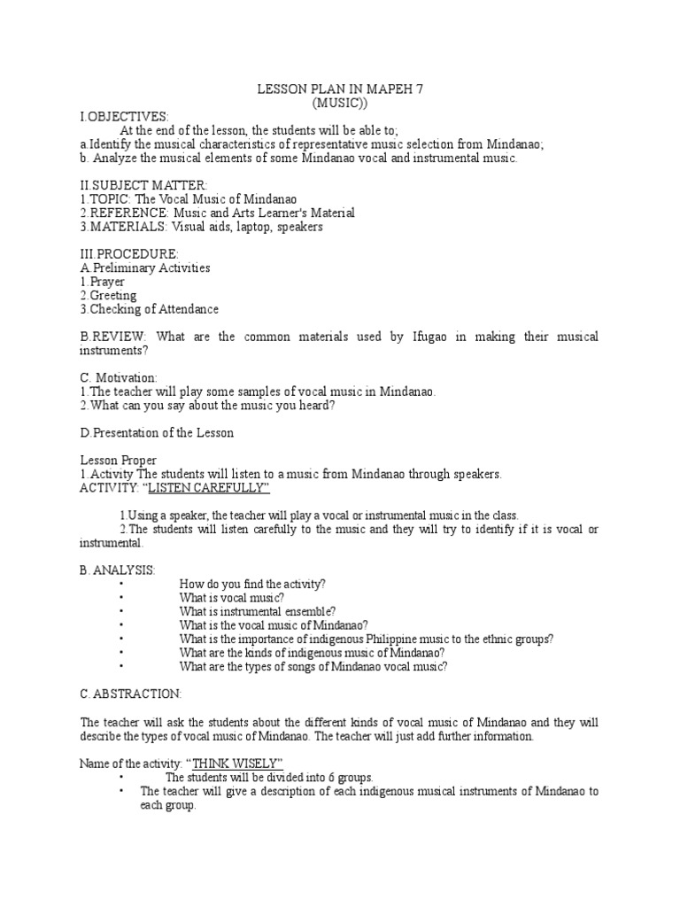 Mindanao Vocal Music Lesson Plan | PDF | Dances | Lesson Plan