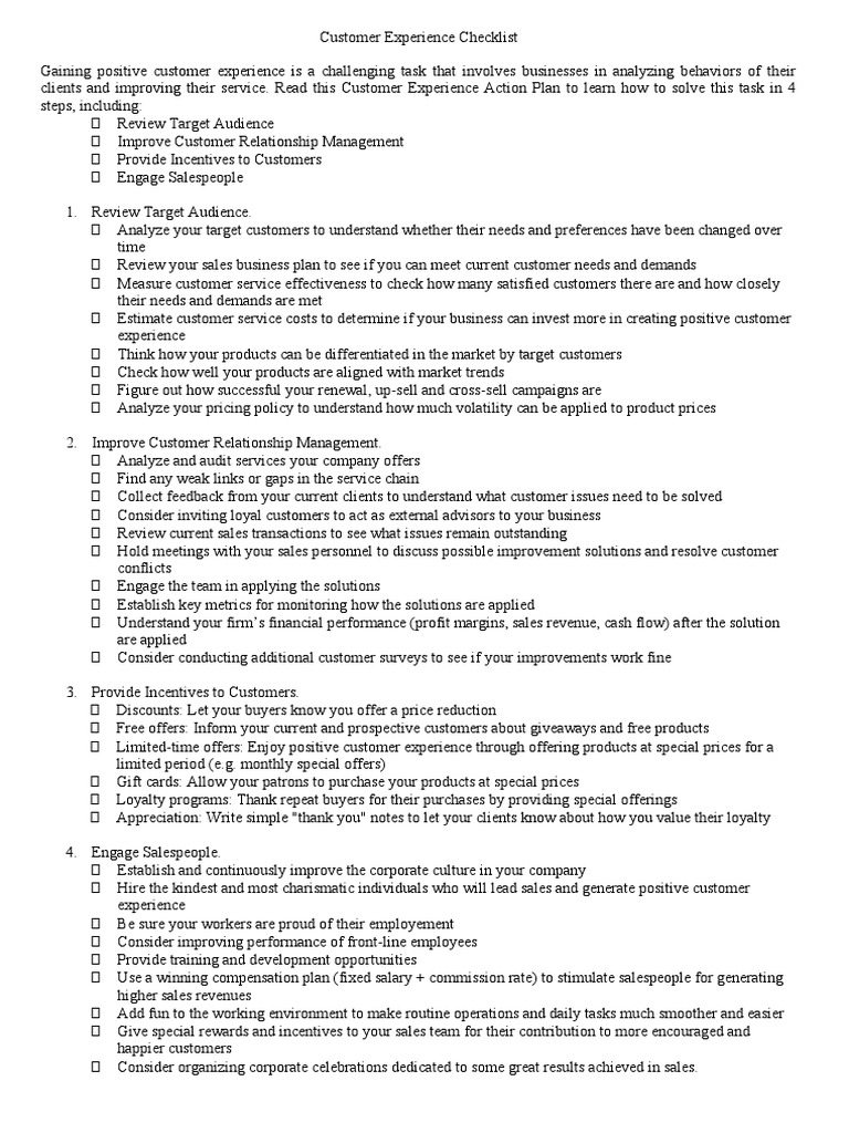 Customer Experience Checklist | PDF | Sales | Customer Relationship ...