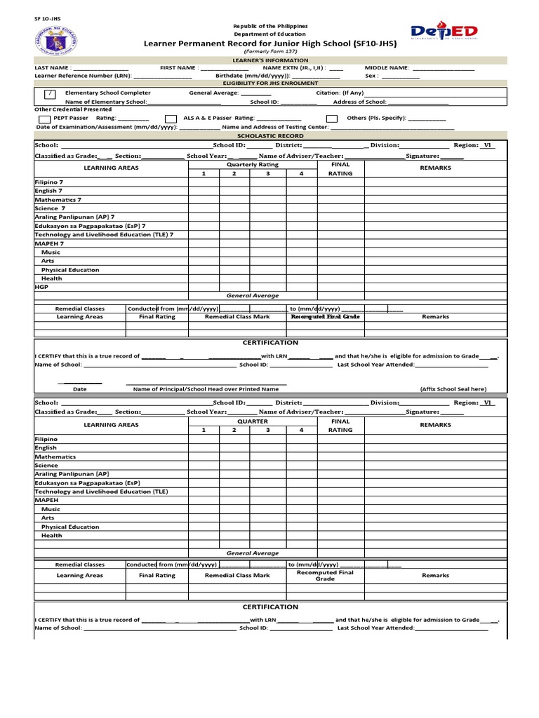 Junior High School Learner Record SF10 | PDF | Cognition | Behavior ...