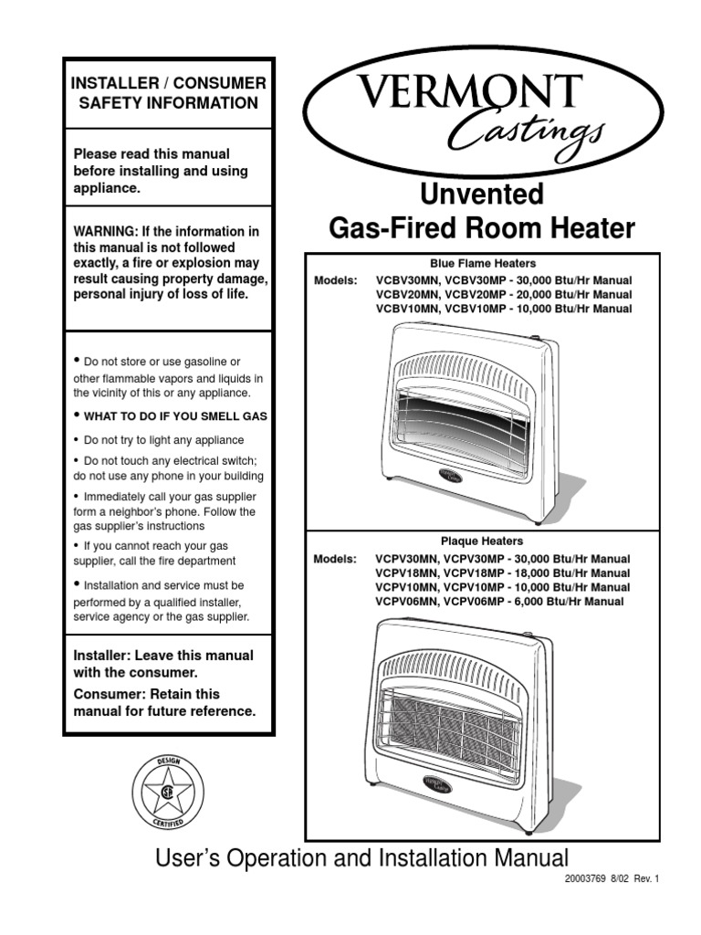 Unvented Gas-Fired Room Heater: User's Operation and Installation ...